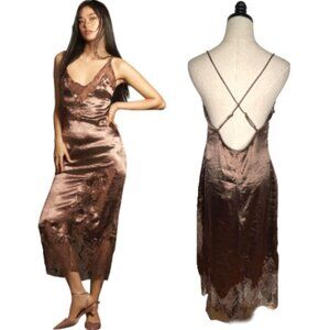 NWT! Anthropologie M Satin Lace Slip Dress Sexy Lingerie Crisscross Back Brown